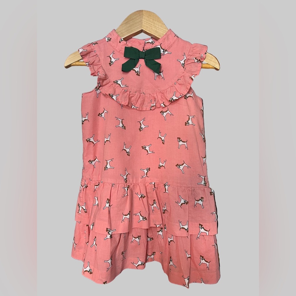 Janie and Jack Pink Dog Print Ruffle Dress with Green Bow